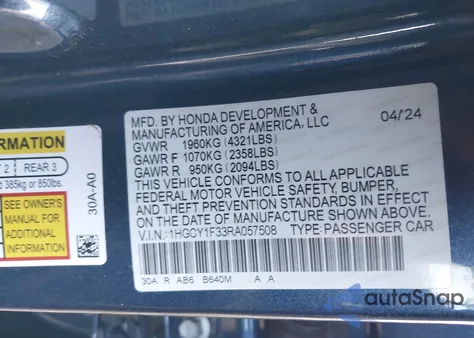 2024 Honda Accord Ex z USA, uszkodzony, nr VIN 1HGCY1F33RA057508